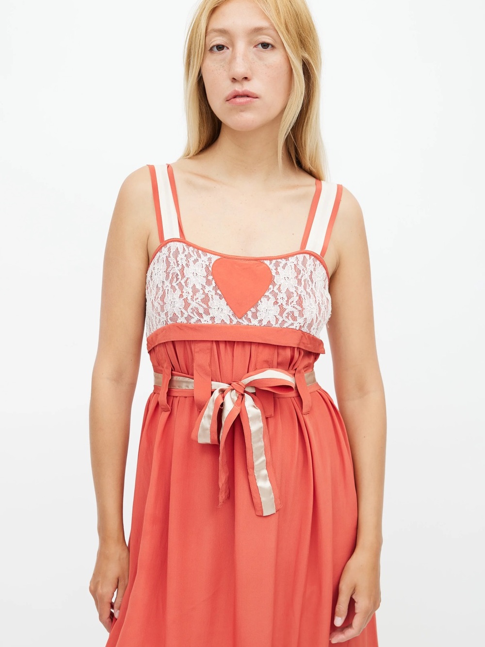 Coral Lace-Trim Slip Dress with Ribbon Waist